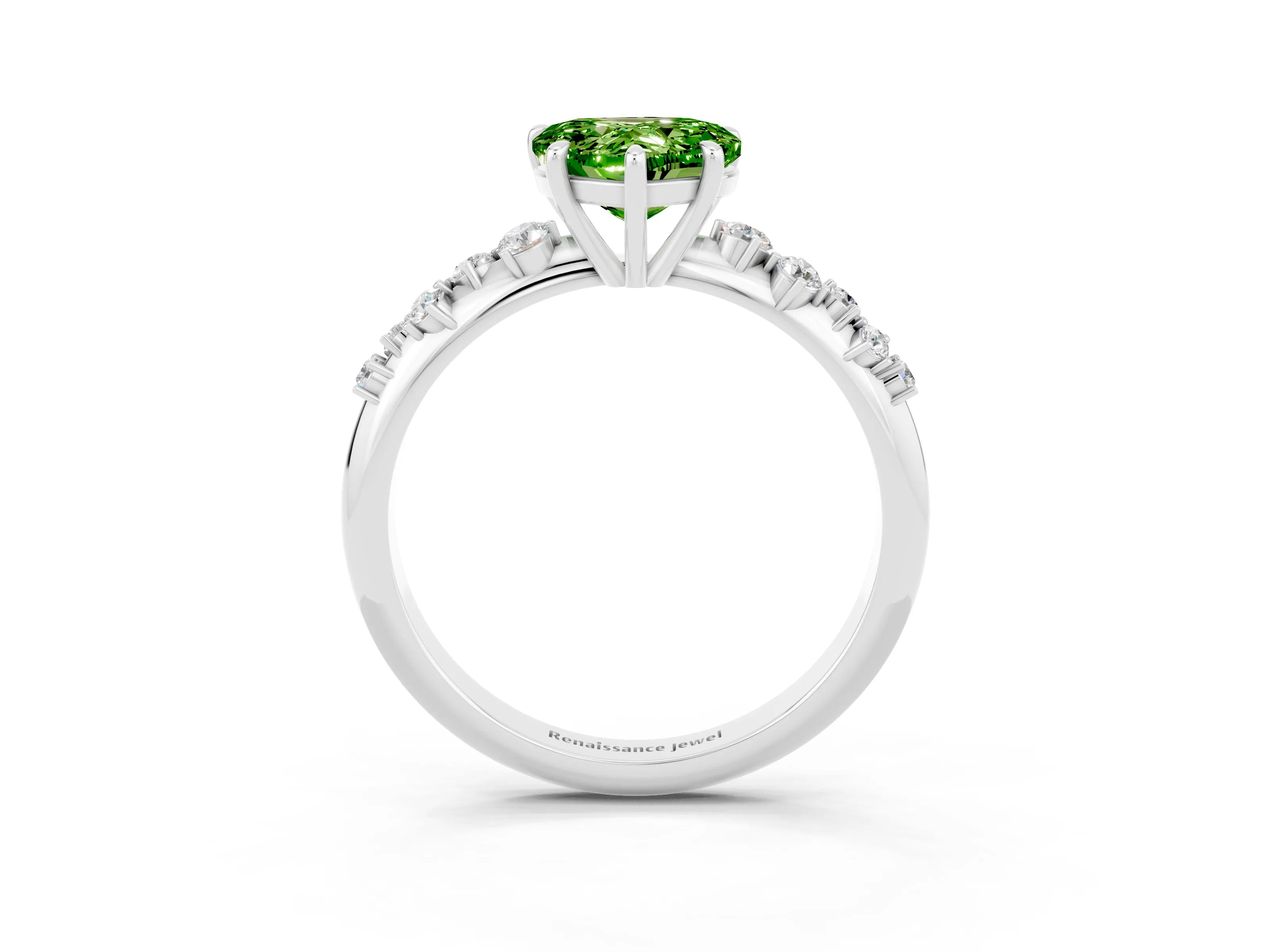 White gold Heart Cut Peridot Cluster Side Stone Solitaire Ring with Prong Setting_27