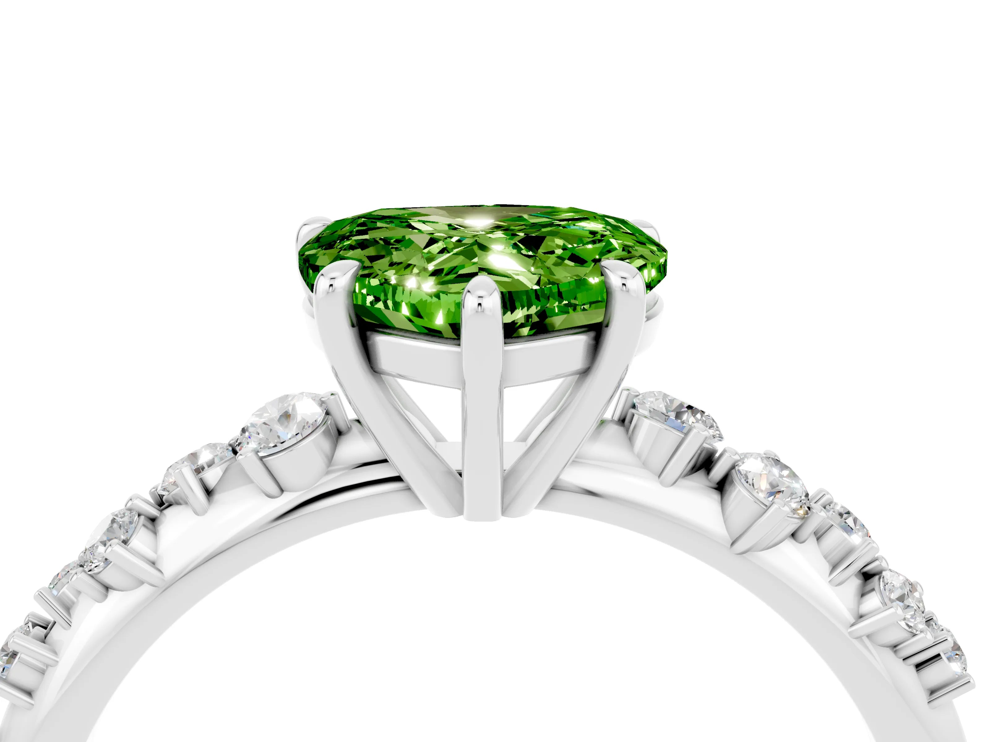 White gold Heart Cut Peridot Cluster Side Stone Solitaire Ring with Prong Setting_28