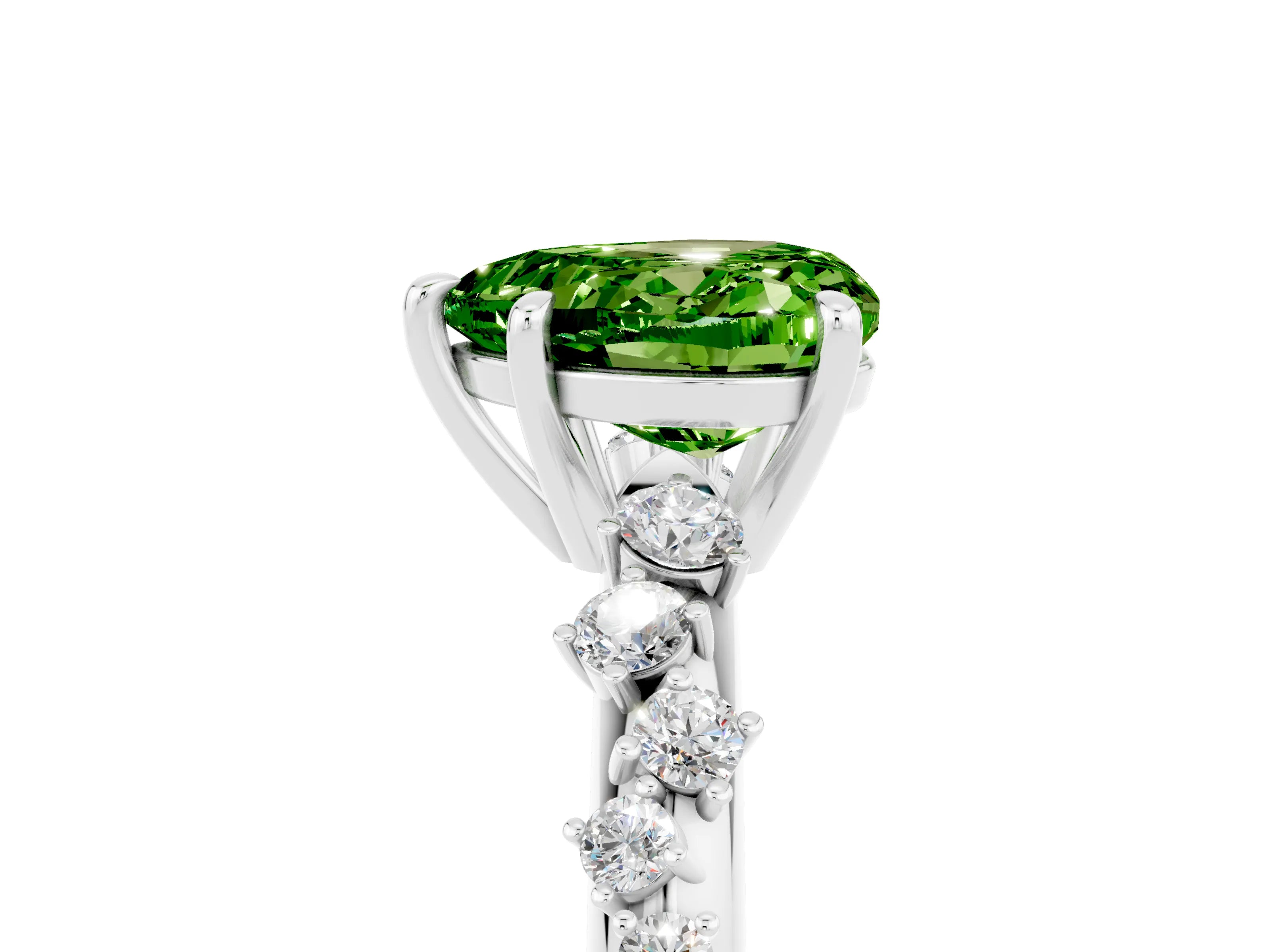 White gold Heart Cut Peridot Cluster Side Stone Solitaire Ring with Prong Setting_29
