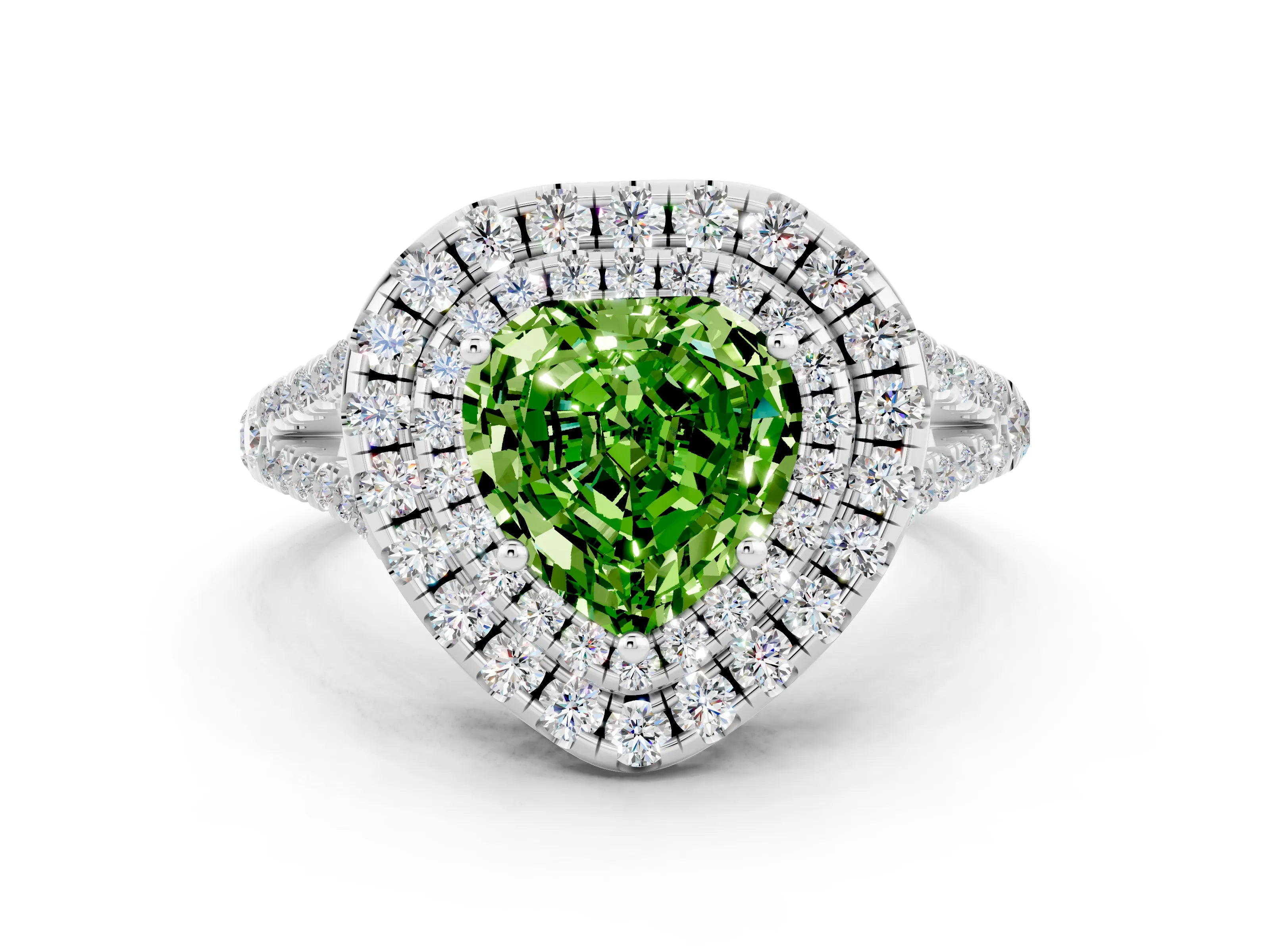 White gold Heart Cut Peridot Double Halo Ring with Pavé Band and Prong Setting_12