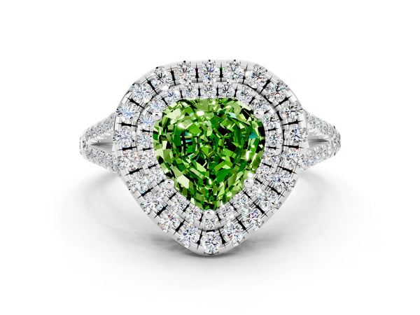 Silver Heart Cut Peridot Double Halo Ring with Pavé Band and Prong Setting