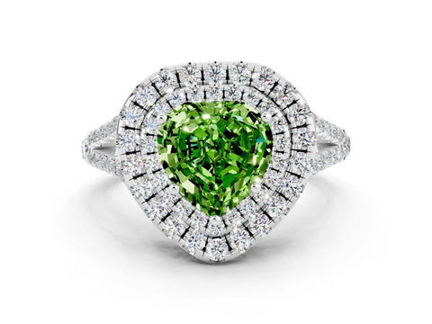 White gold Heart Cut Peridot Double Halo Ring with Pavé Band and Prong Setting_12