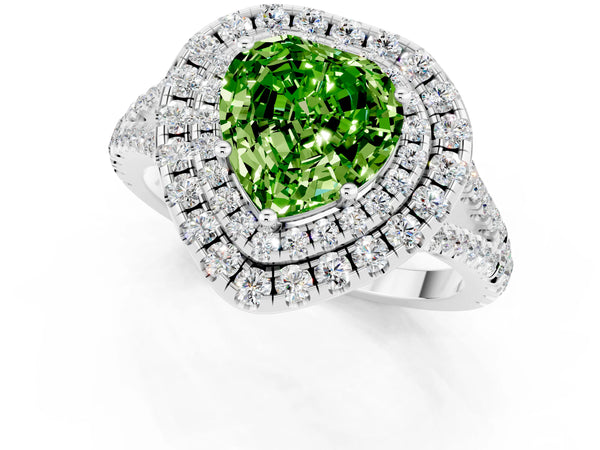Silver Heart Cut Peridot Double Halo Ring with Pavé Band and Prong Setting