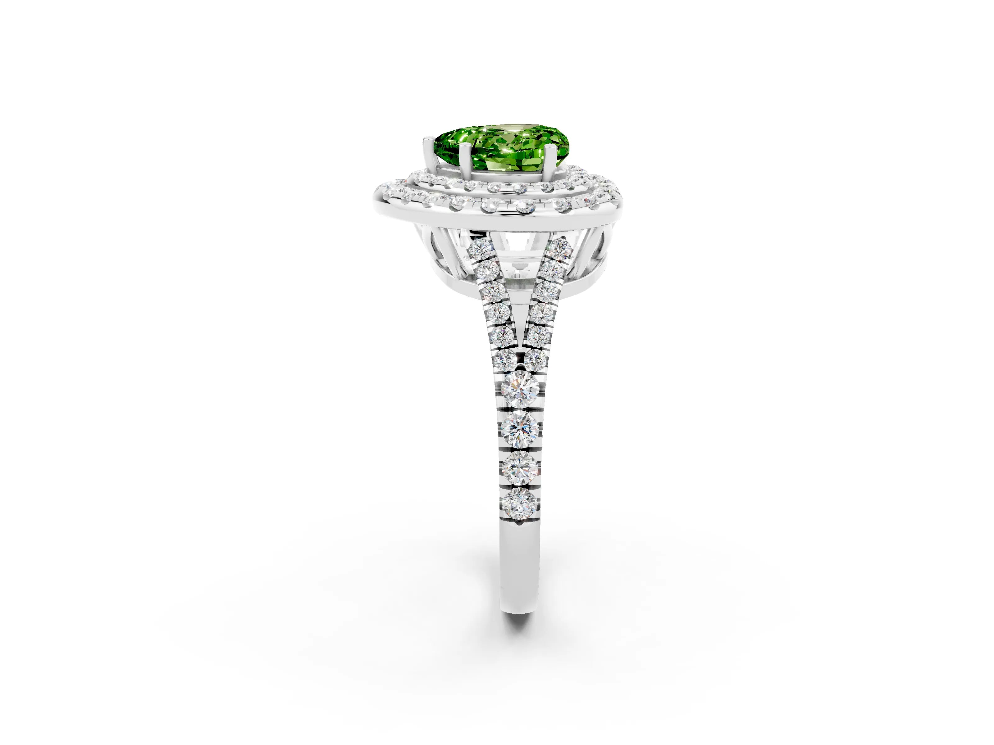 White gold Heart Cut Peridot Double Halo Ring with Pavé Band and Prong Setting_14