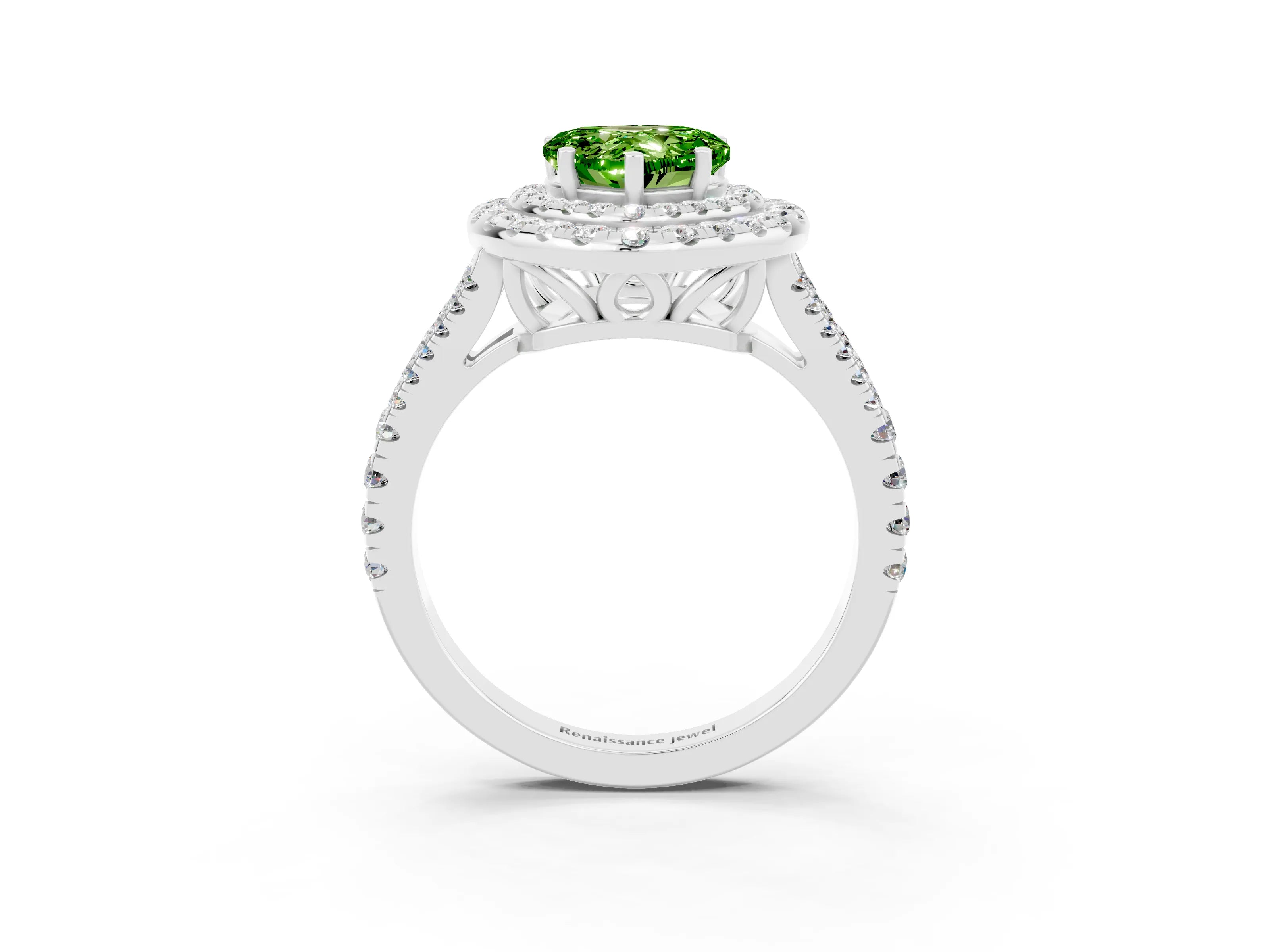 White gold Heart Cut Peridot Double Halo Ring with Pavé Band and Prong Setting_15