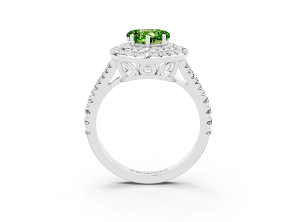 Silver Heart Cut Peridot Double Halo Ring with Pavé Band and Prong Setting