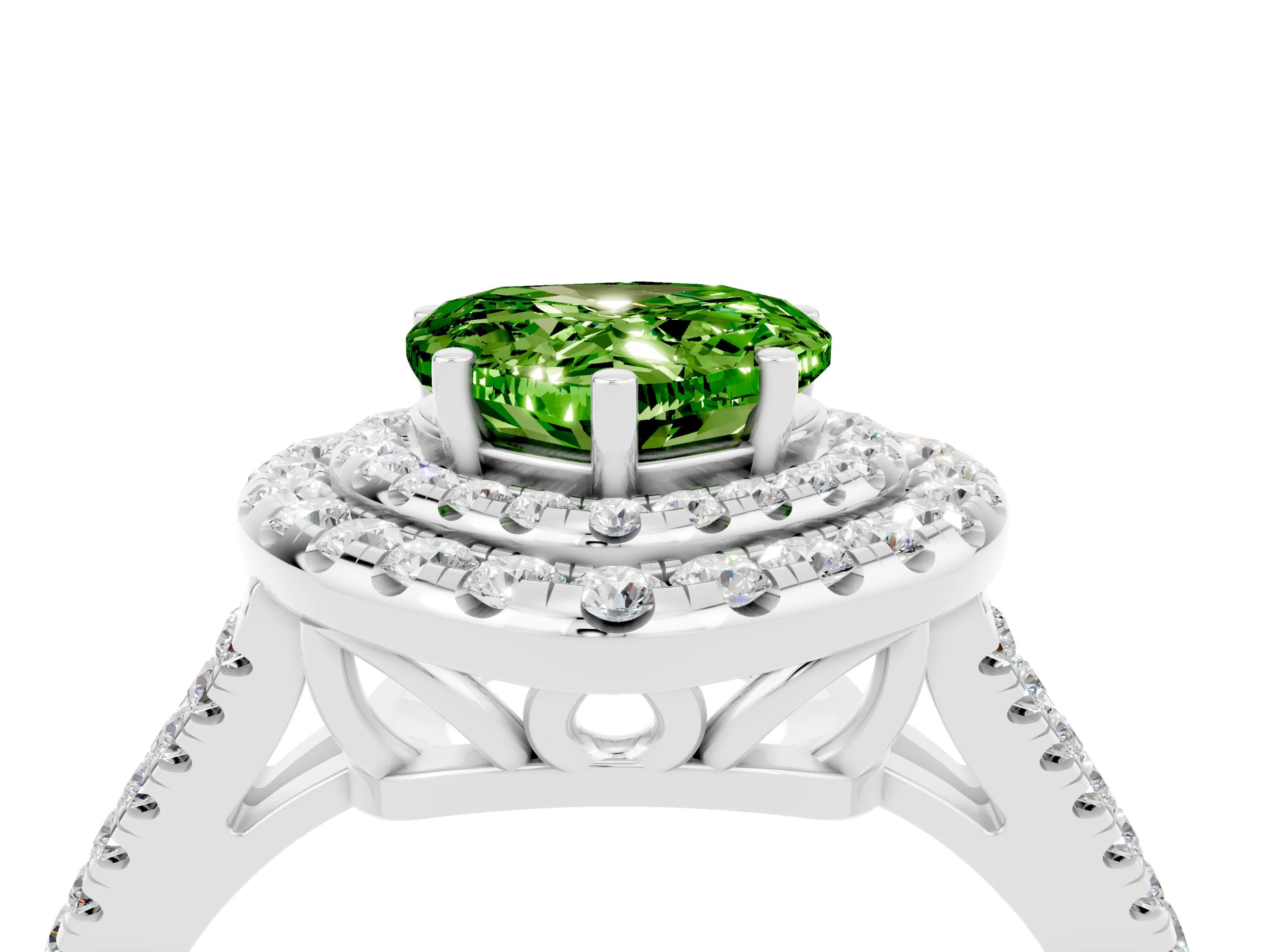 White gold Heart Cut Peridot Double Halo Ring with Pavé Band and Prong Setting_16