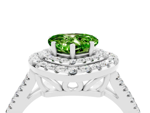 White gold Heart Cut Peridot Double Halo Ring with Pavé Band and Prong Setting_16