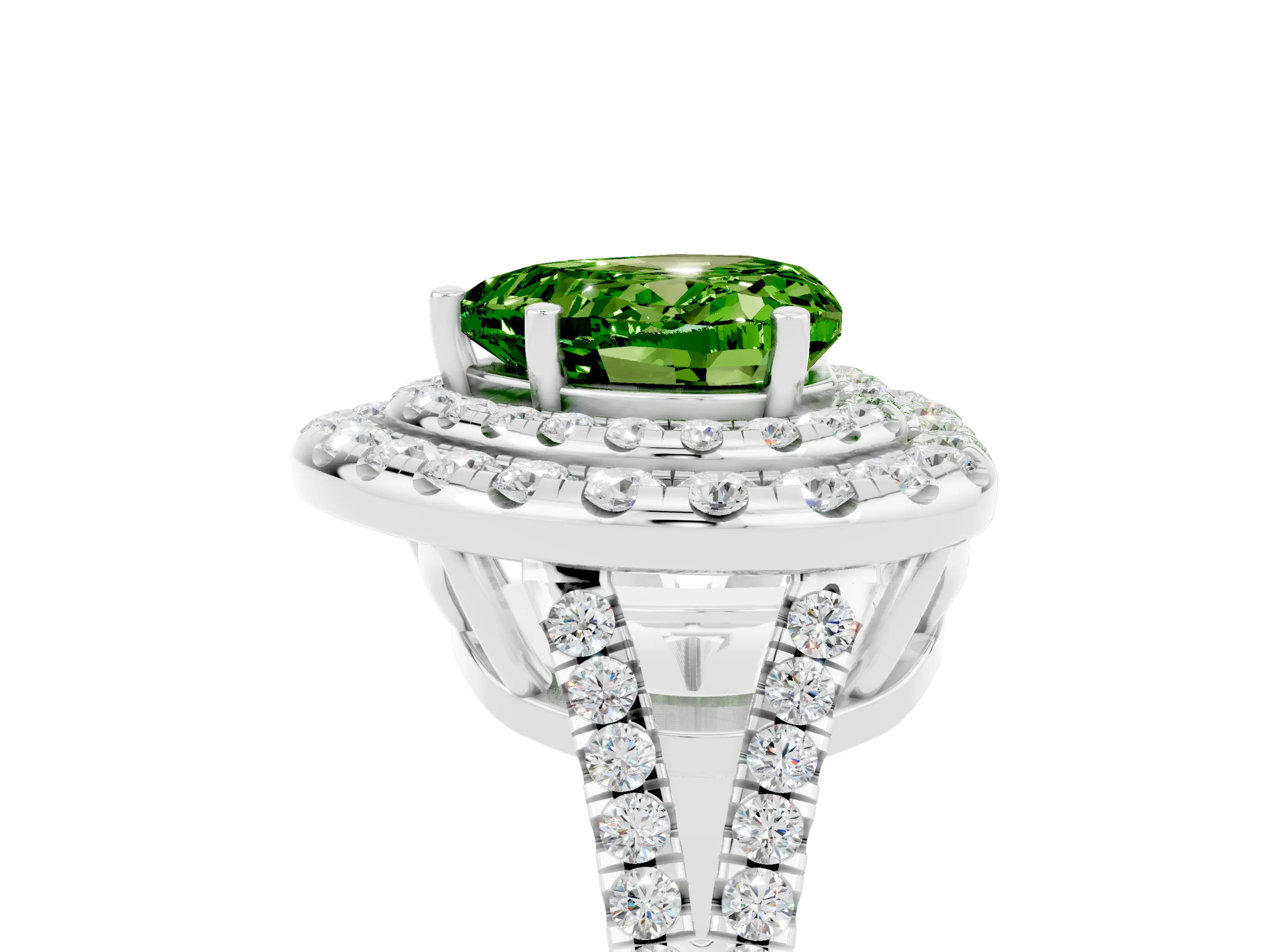 White gold Heart Cut Peridot Double Halo Ring with Pavé Band and Prong Setting_17