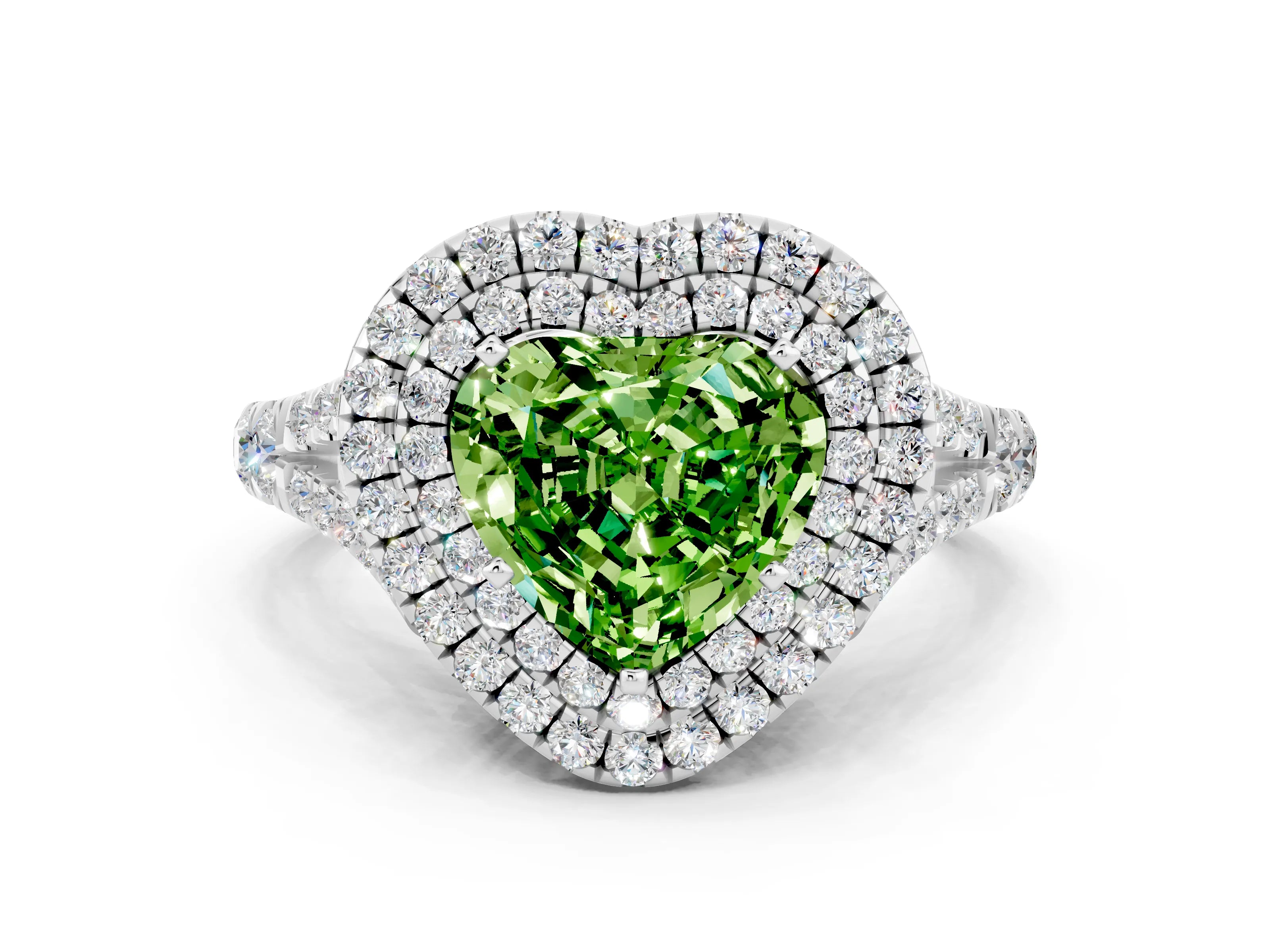 White gold Heart Cut Peridot Double Halo Ring with Split Shank and Prong Setting_12