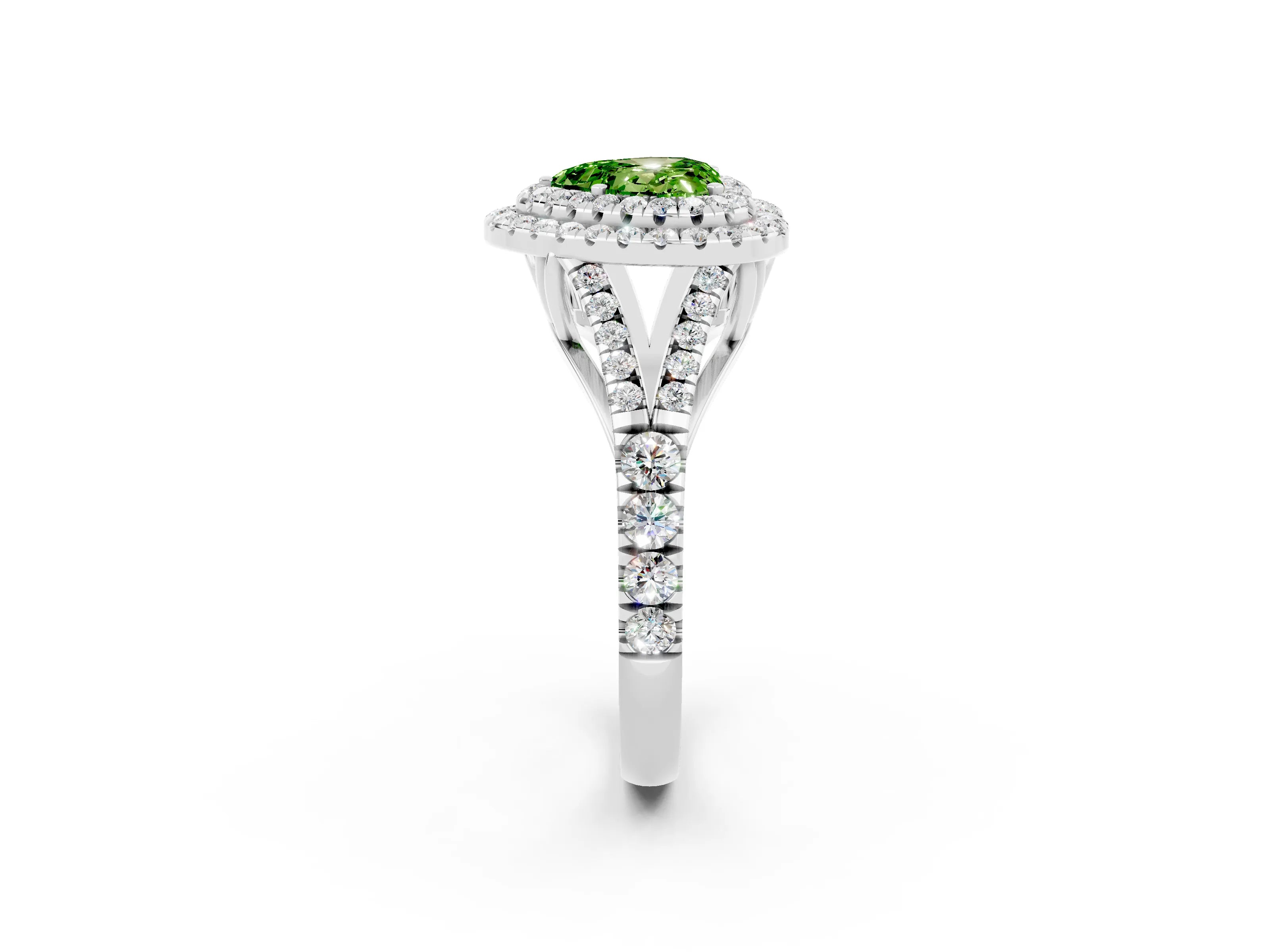 White gold Heart Cut Peridot Double Halo Ring with Split Shank and Prong Setting_14
