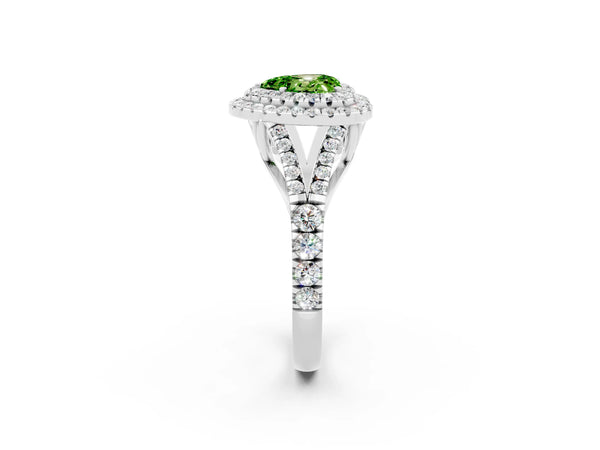 Silver Heart Cut Peridot Double Halo Ring with Split Shank and Prong Setting