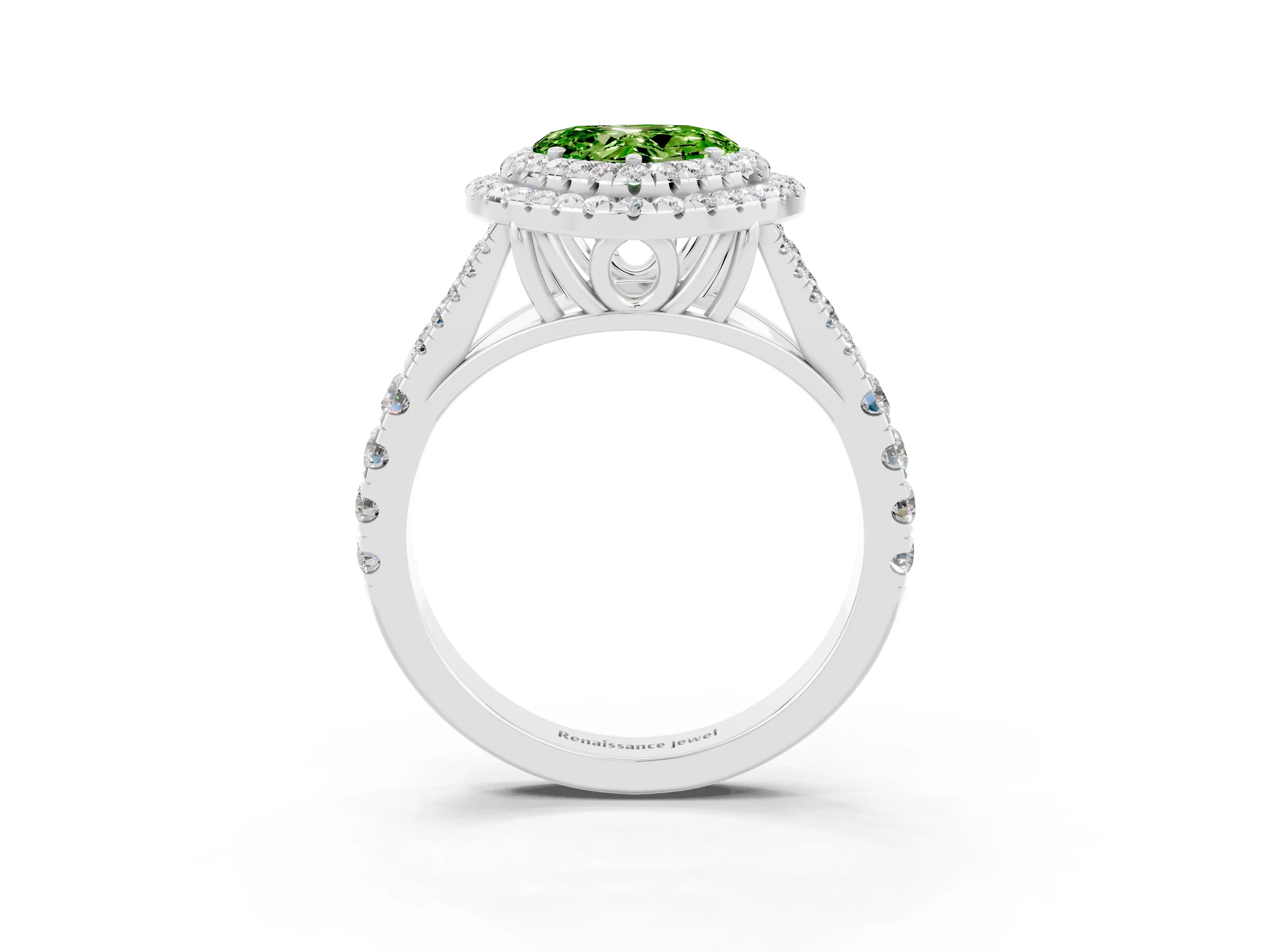 White gold Heart Cut Peridot Double Halo Ring with Split Shank and Prong Setting_15