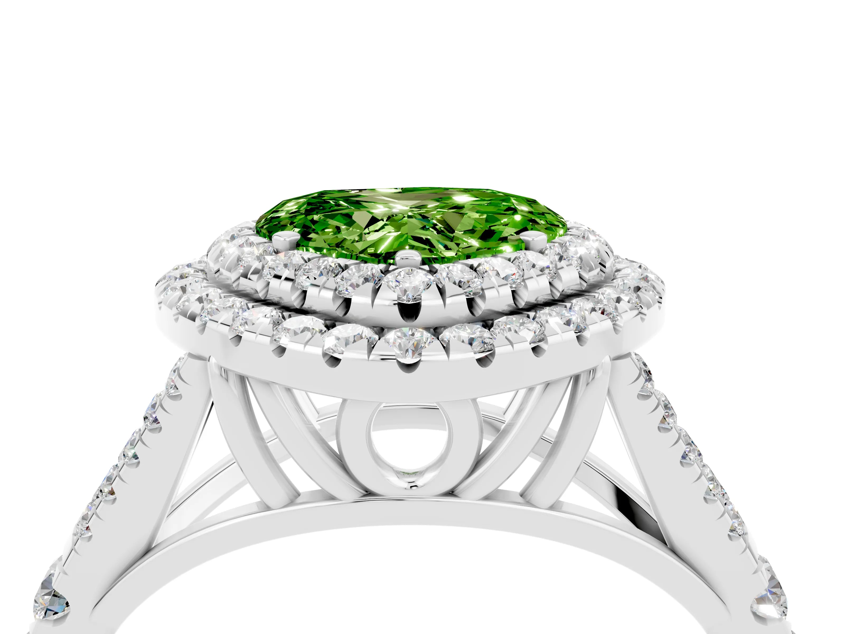 White gold Heart Cut Peridot Double Halo Ring with Split Shank and Prong Setting_16