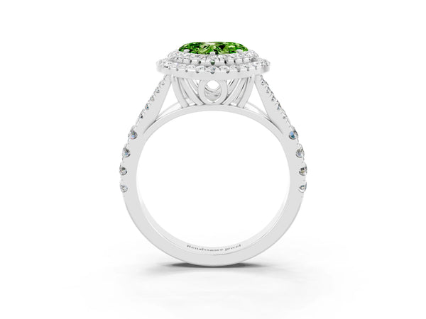White gold Heart Cut Peridot Double Halo Ring with Split Shank and Prong Setting