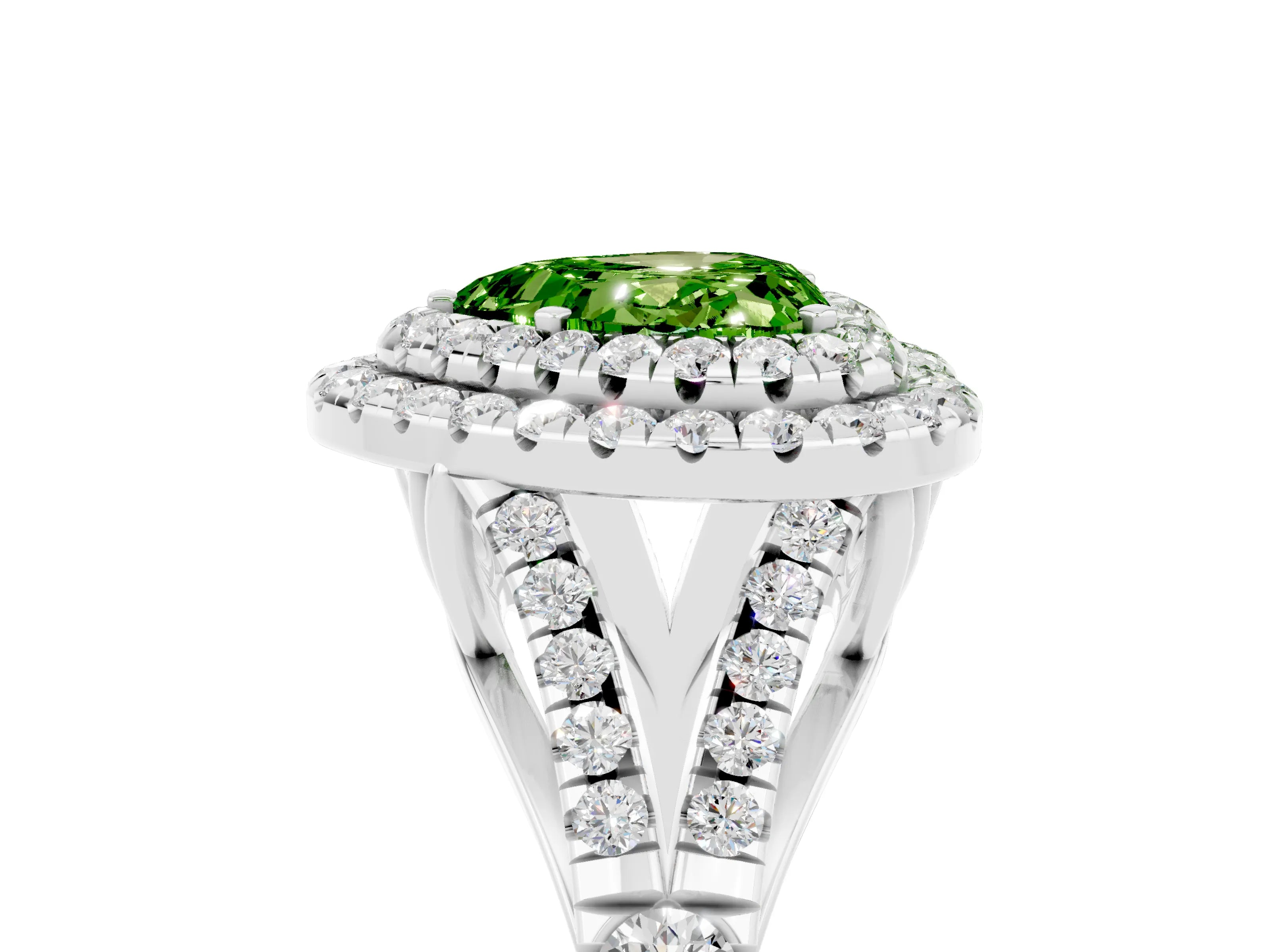 White gold Heart Cut Peridot Double Halo Ring with Split Shank and Prong Setting_29