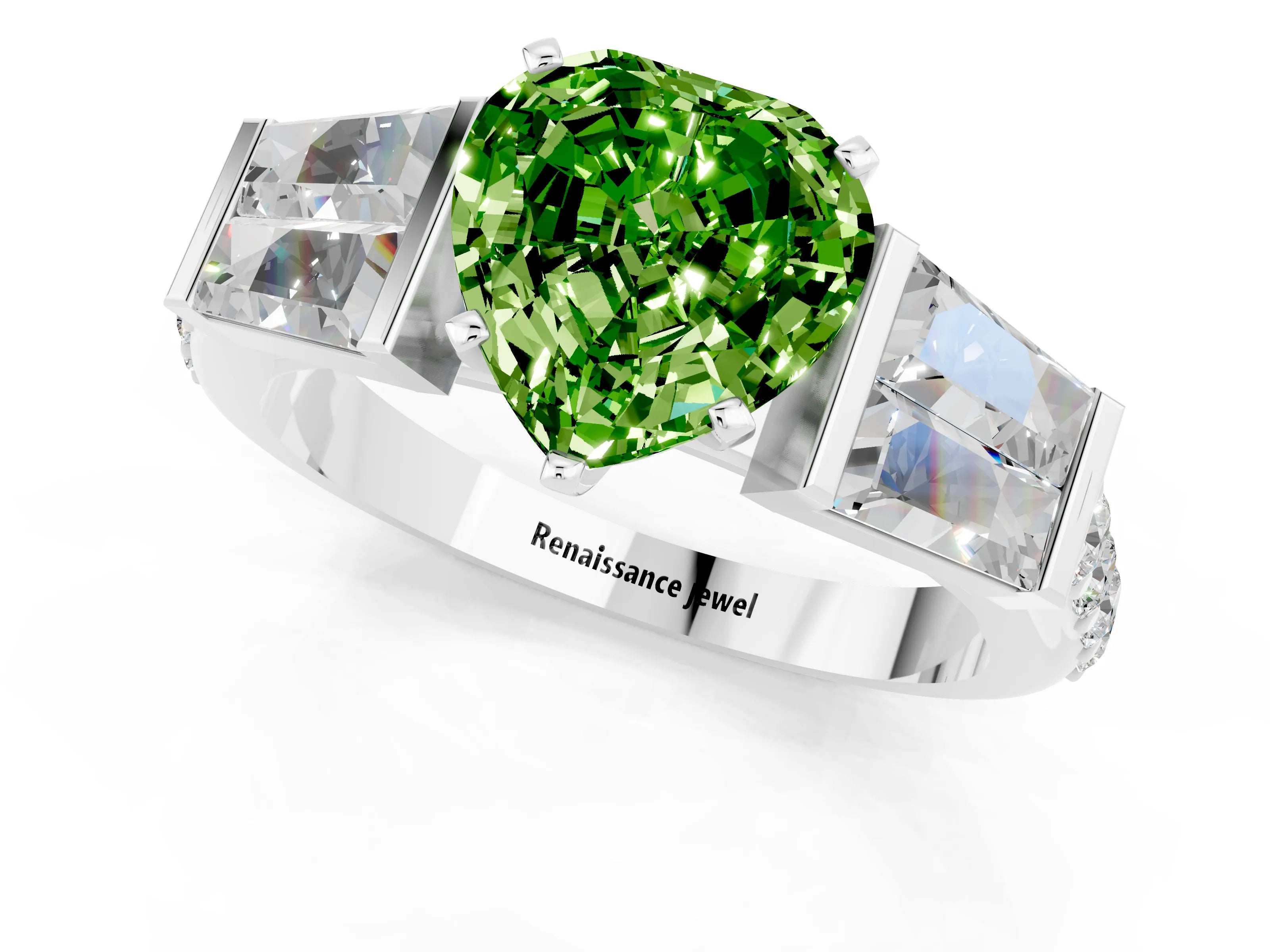 White gold Heart Cut Peridot Engagement Ring with Baguette Side Stones and Channel Set Band_1