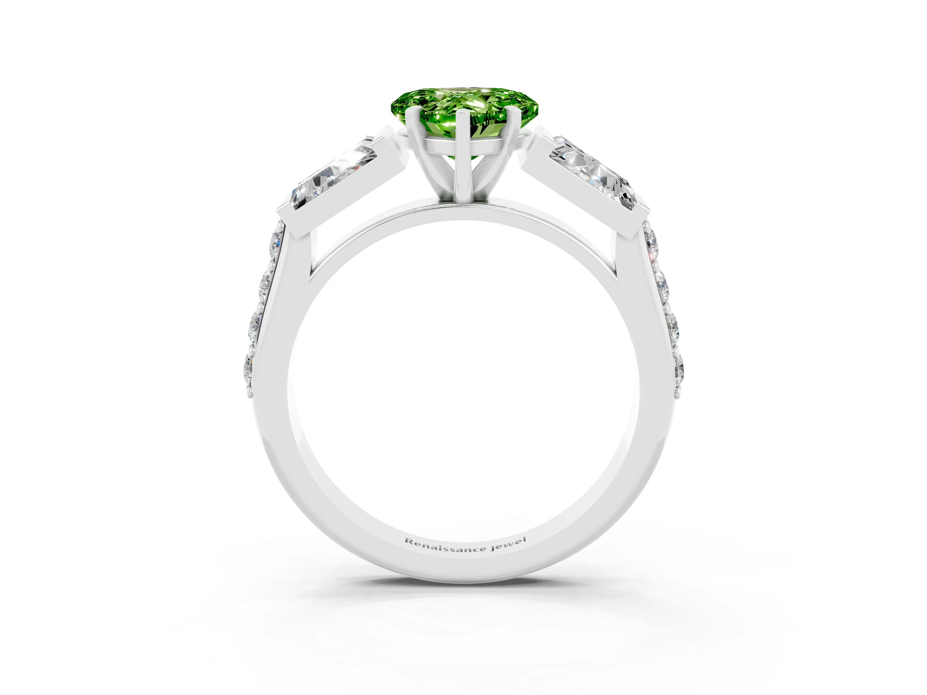 White gold Heart Cut Peridot Engagement Ring with Baguette Side Stones and Channel Set Band_3