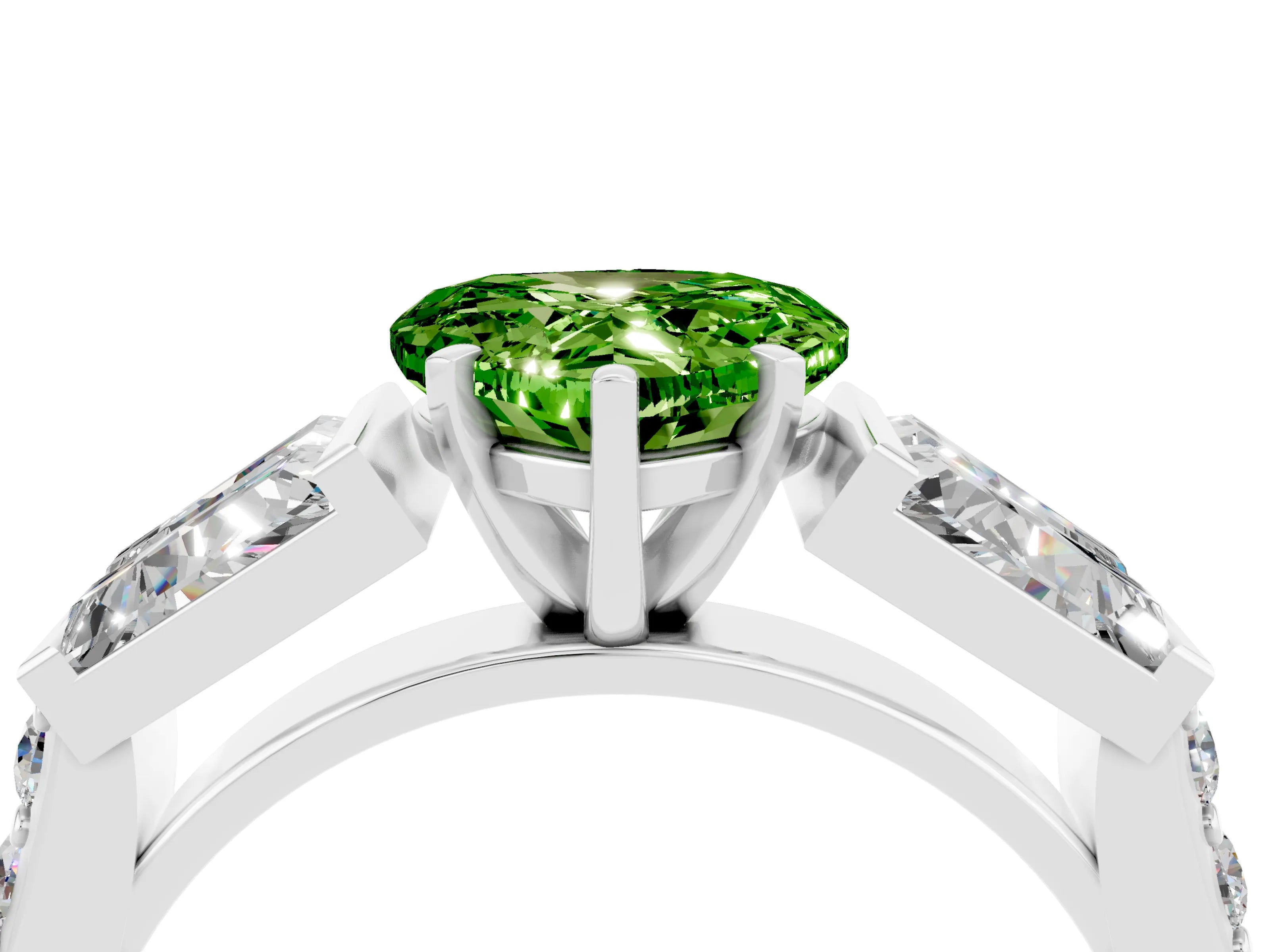 White gold Heart Cut Peridot Engagement Ring with Baguette Side Stones and Channel Set Band_4