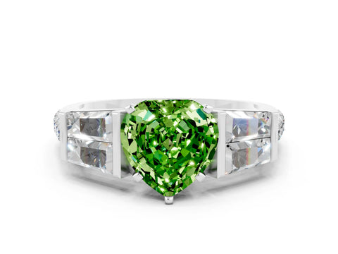 White gold Heart Cut Peridot Engagement Ring with Baguette Side Stones and Channel Set Band