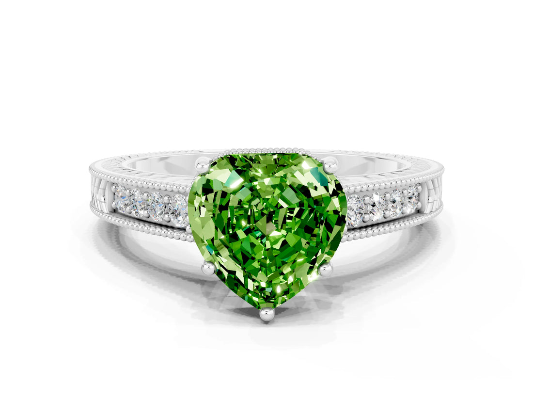 White gold Heart Cut Peridot Engagement Ring with Milgrain Channel Set Band and Prong Setting