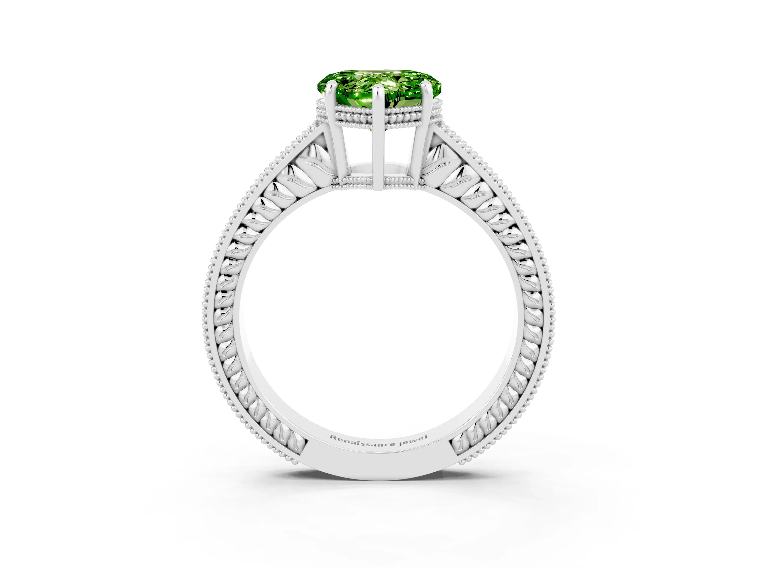 White gold Heart Cut Peridot Engagement Ring with Milgrain Channel Set Band and Prong Setting_3