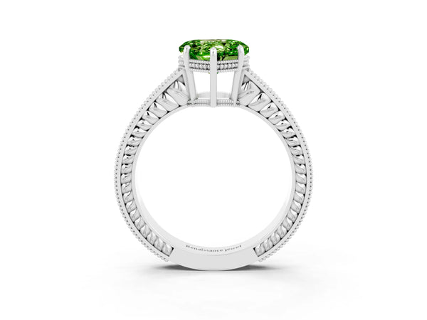 White gold Heart Cut Peridot Engagement Ring with Milgrain Channel Set Band and Prong Setting