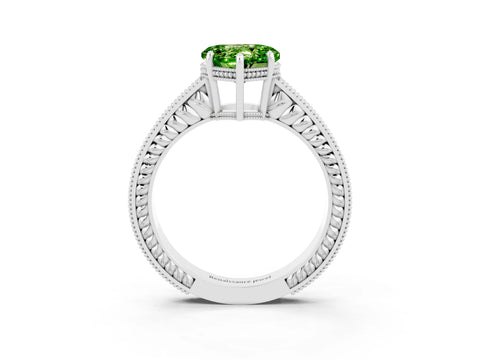White gold Heart Cut Peridot Engagement Ring with Milgrain Channel Set Band and Prong Setting_3