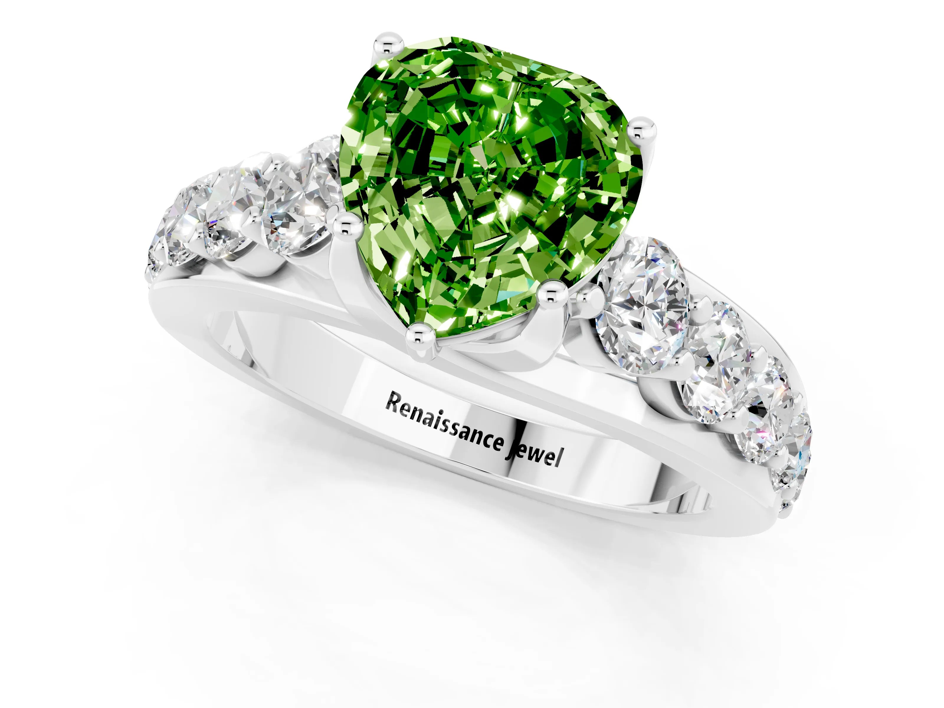 White gold Heart Cut Peridot Engagement Ring with Pavé Band and Four-Prong Setting_1