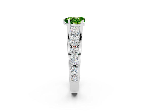 Platinum Heart Cut Peridot Engagement Ring with Pavé Band and Four-Prong Setting