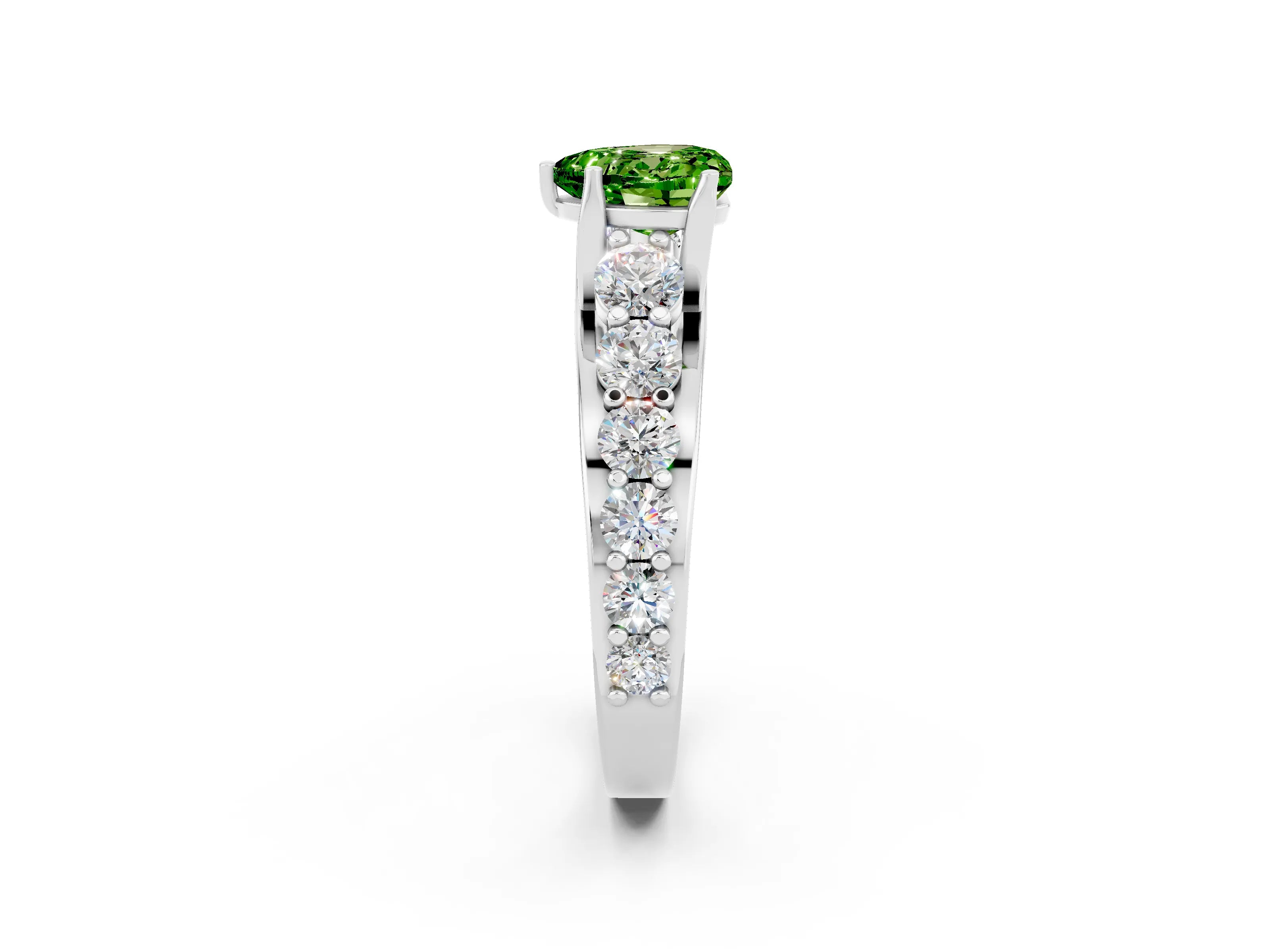 White gold Heart Cut Peridot Engagement Ring with Pavé Band and Four-Prong Setting_2