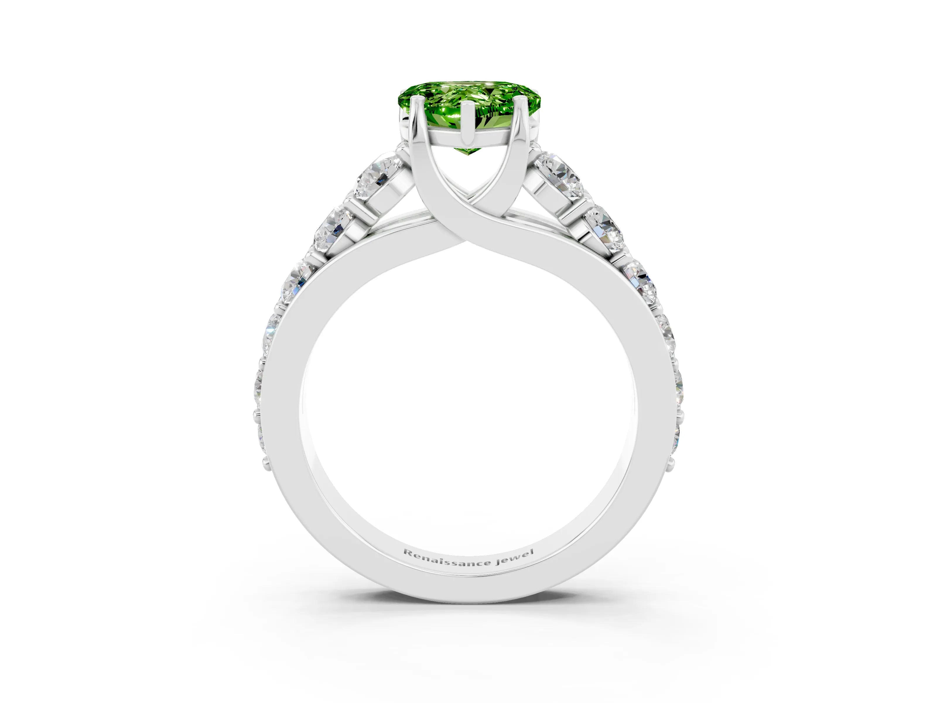 White gold Heart Cut Peridot Engagement Ring with Pavé Band and Four-Prong Setting_3