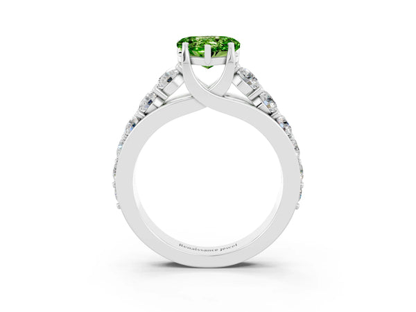 White gold Heart Cut Peridot Engagement Ring with Pavé Band and Four-Prong Setting