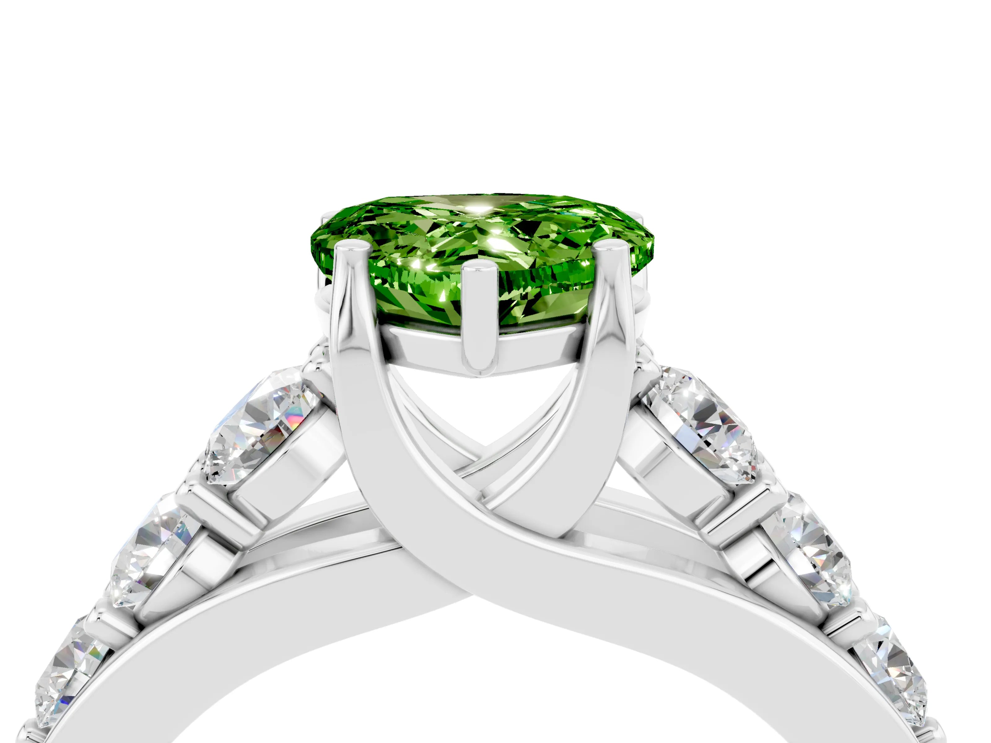 White gold Heart Cut Peridot Engagement Ring with Pavé Band and Four-Prong Setting_4