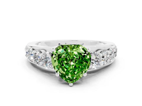 White gold Heart Cut Peridot Engagement Ring with Pavé Band and Four-Prong Setting