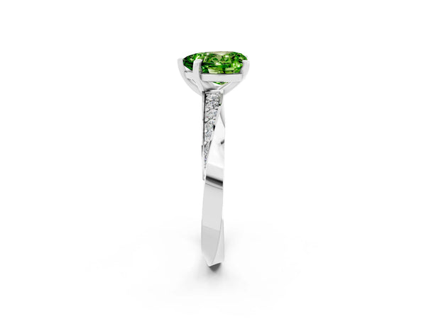 White gold Heart Cut Peridot Engagement Ring with Side Stone Accents and Four-Prong Setting
