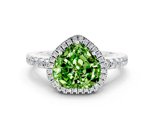 Platinum Heart Cut Peridot Halo Engagement Ring with Pavé Band and Prong Setting