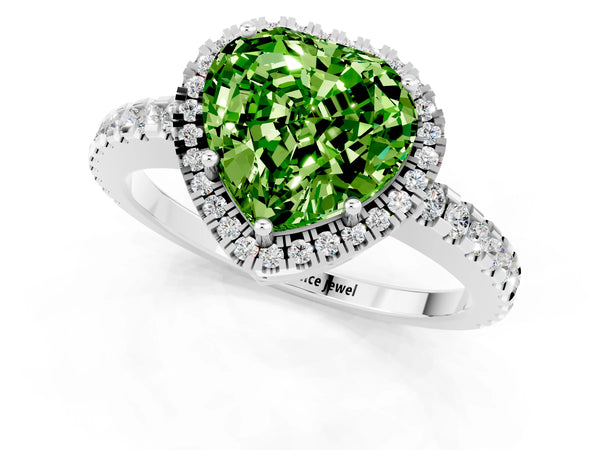 Platinum Heart Cut Peridot Halo Engagement Ring with Pavé Band and Prong Setting