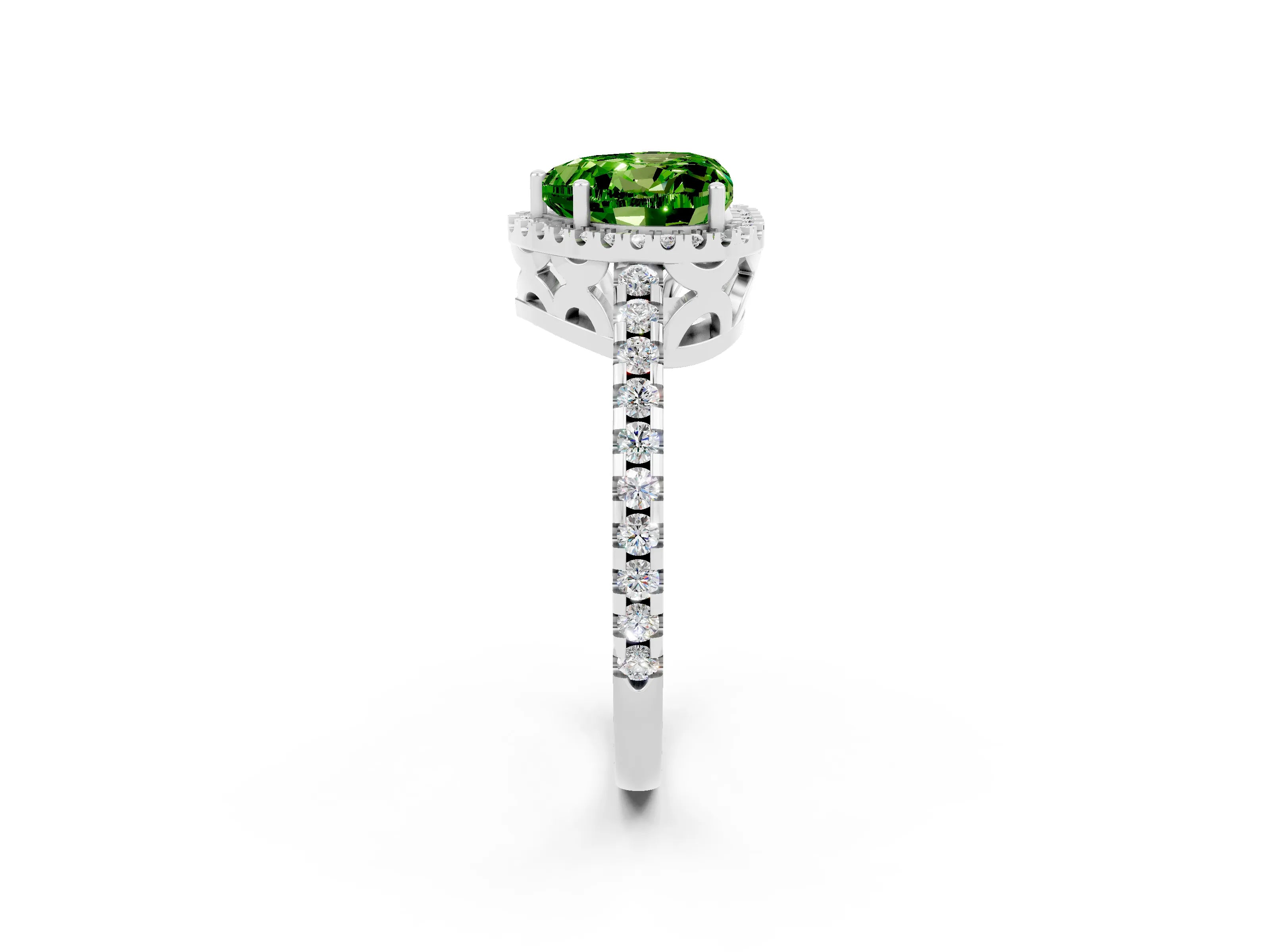 White gold Heart Cut Peridot Halo Engagement Ring with Pavé Band and Prong Setting_38