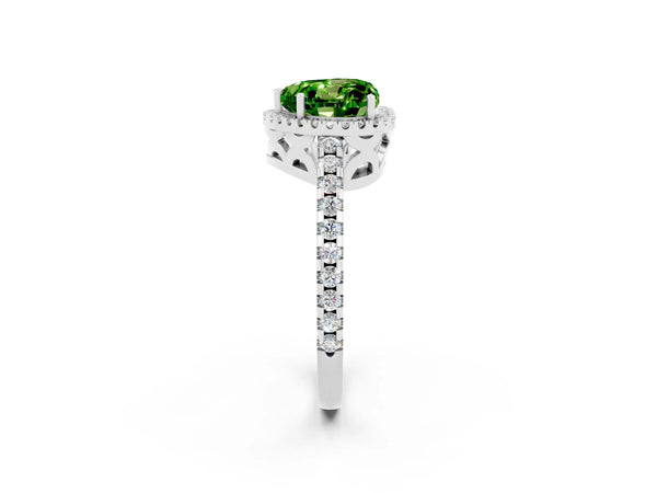 Silver Heart Cut Peridot Halo Engagement Ring with Pavé Band and Prong Setting