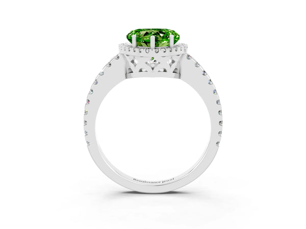 White gold Heart Cut Peridot Halo Engagement Ring with Pavé Band and Prong Setting