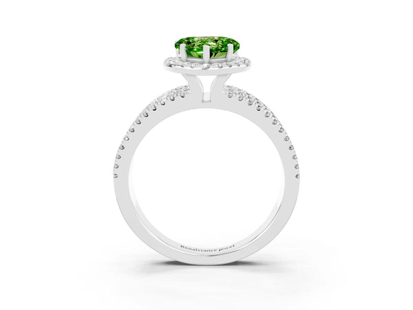 Silver Heart Cut Peridot Halo Engagement Ring with Split Shank and Four-Prong Setting