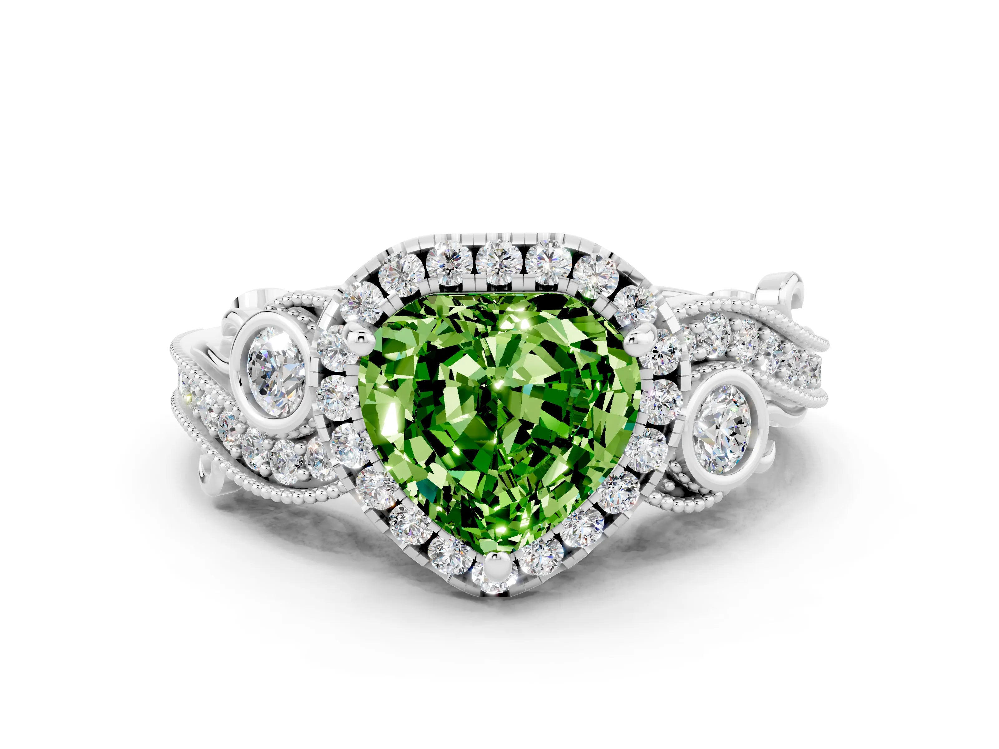 White gold Heart Cut Peridot Halo Ring with Milgrain Pavé Band and Four-Prong Setting_12
