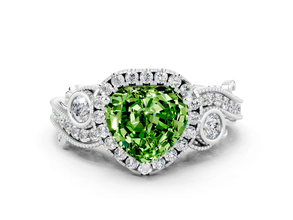 White gold Heart Cut Peridot Halo Ring with Milgrain Pavé Band and Four-Prong Setting