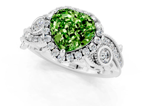 White gold Heart Cut Peridot Halo Ring with Milgrain Pavé Band and Four-Prong Setting_13