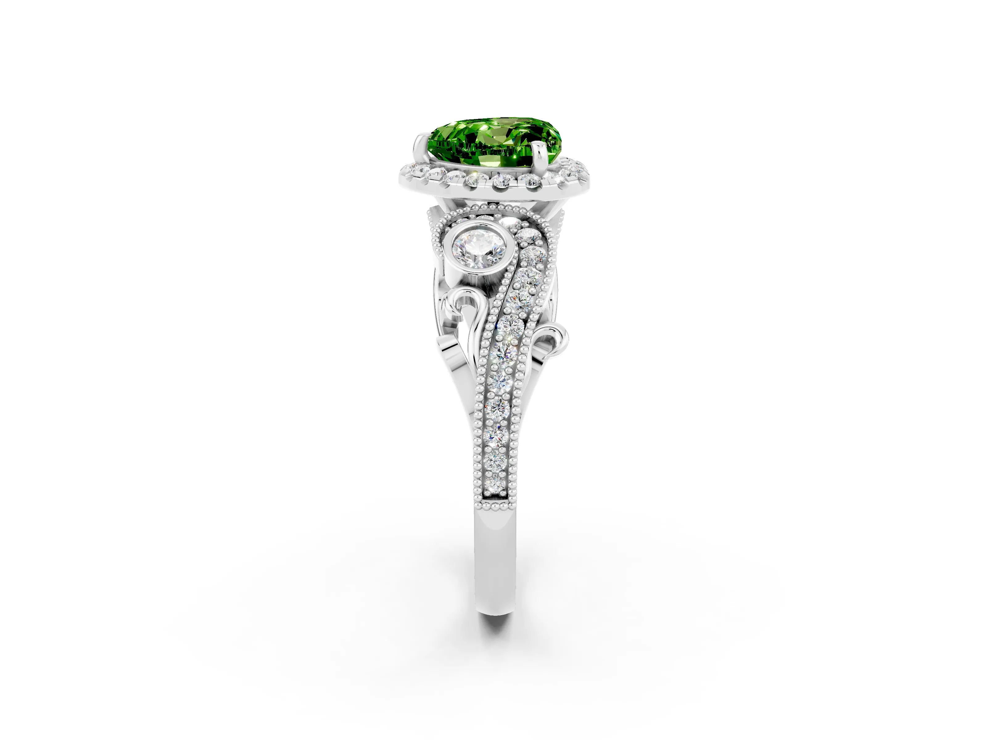 White gold Heart Cut Peridot Halo Ring with Milgrain Pavé Band and Four-Prong Setting_14