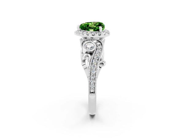 White gold Heart Cut Peridot Halo Ring with Milgrain Pavé Band and Four-Prong Setting