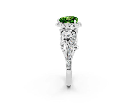 White gold Heart Cut Peridot Halo Ring with Milgrain Pavé Band and Four-Prong Setting_14