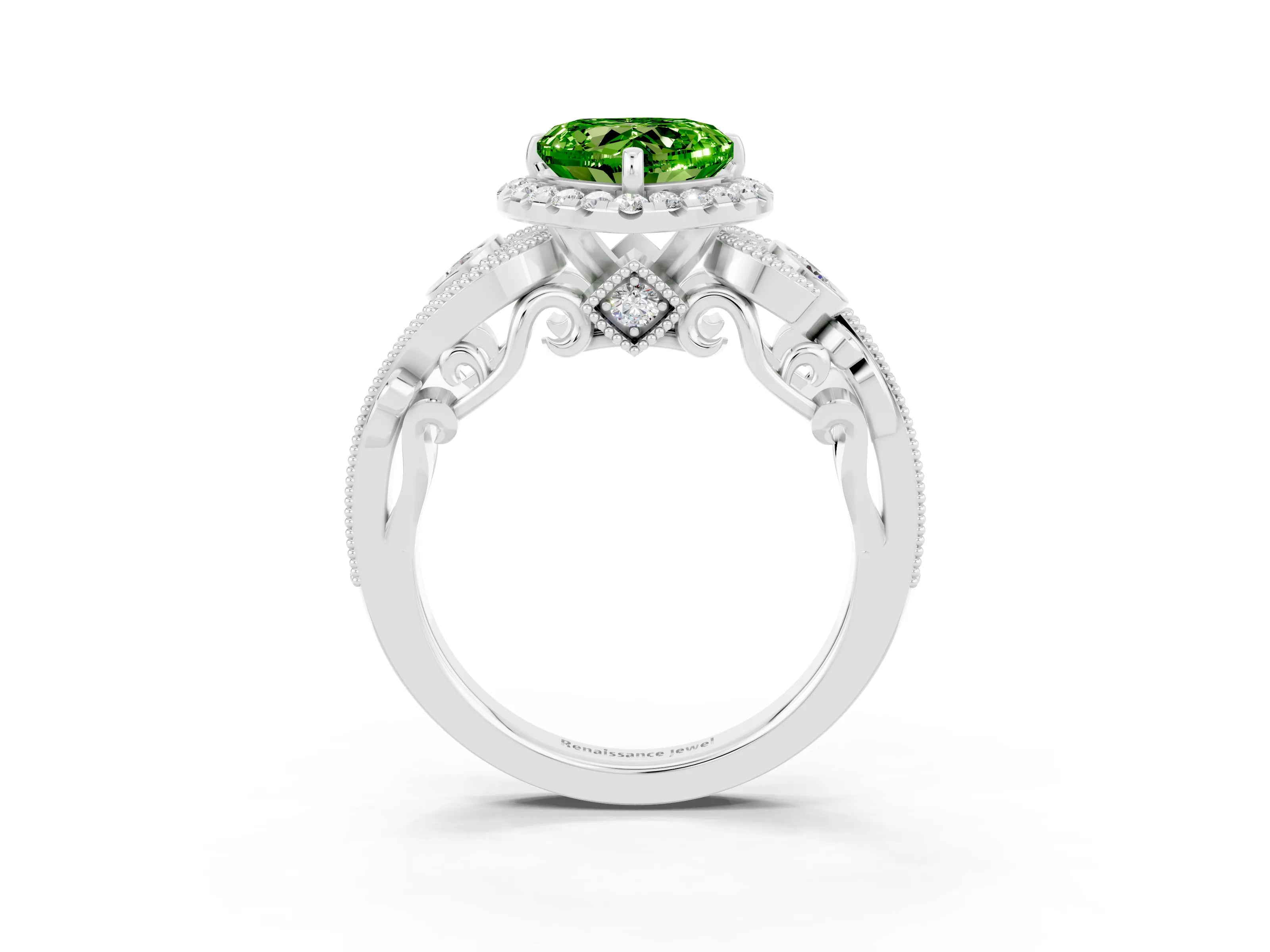 White gold Heart Cut Peridot Halo Ring with Milgrain Pavé Band and Four-Prong Setting_15