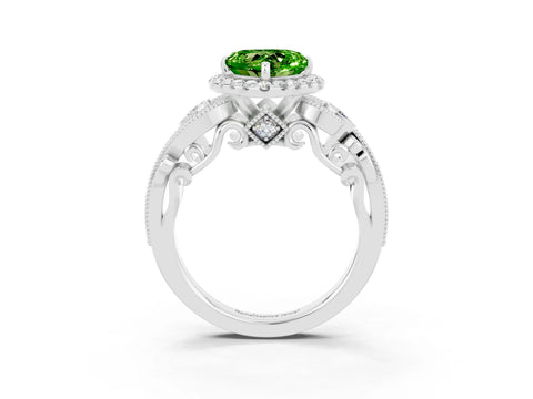 White gold Heart Cut Peridot Halo Ring with Milgrain Pavé Band and Four-Prong Setting_15